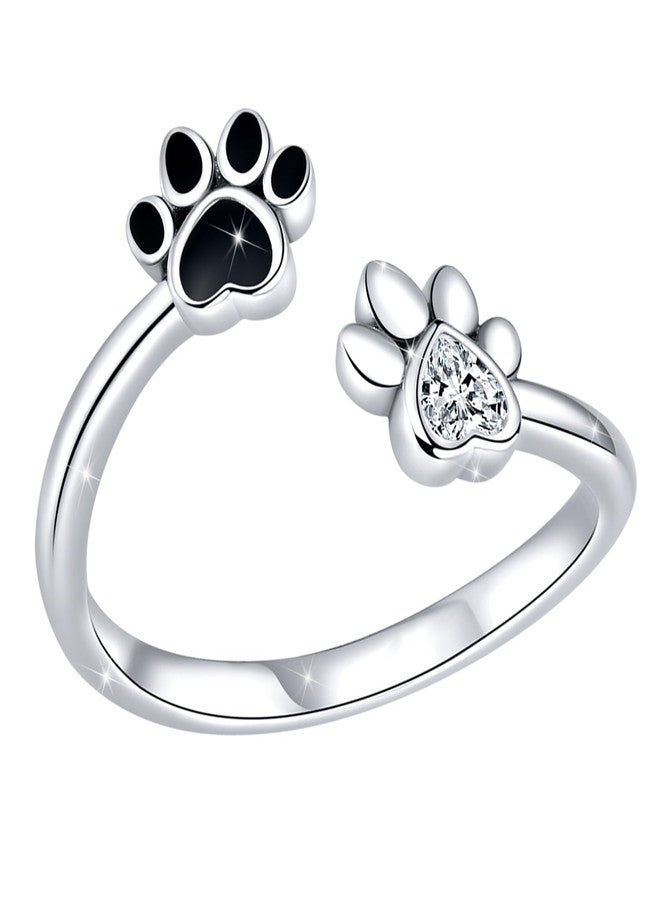 WOSTU Adjustable Paw Print Ring Sterling Silver Plated Open Cat Dog Pet Memorial Statement Rings Knuckle Bands Style Dainty Jewelry Gifts for Women Daughter Mom - Image 1